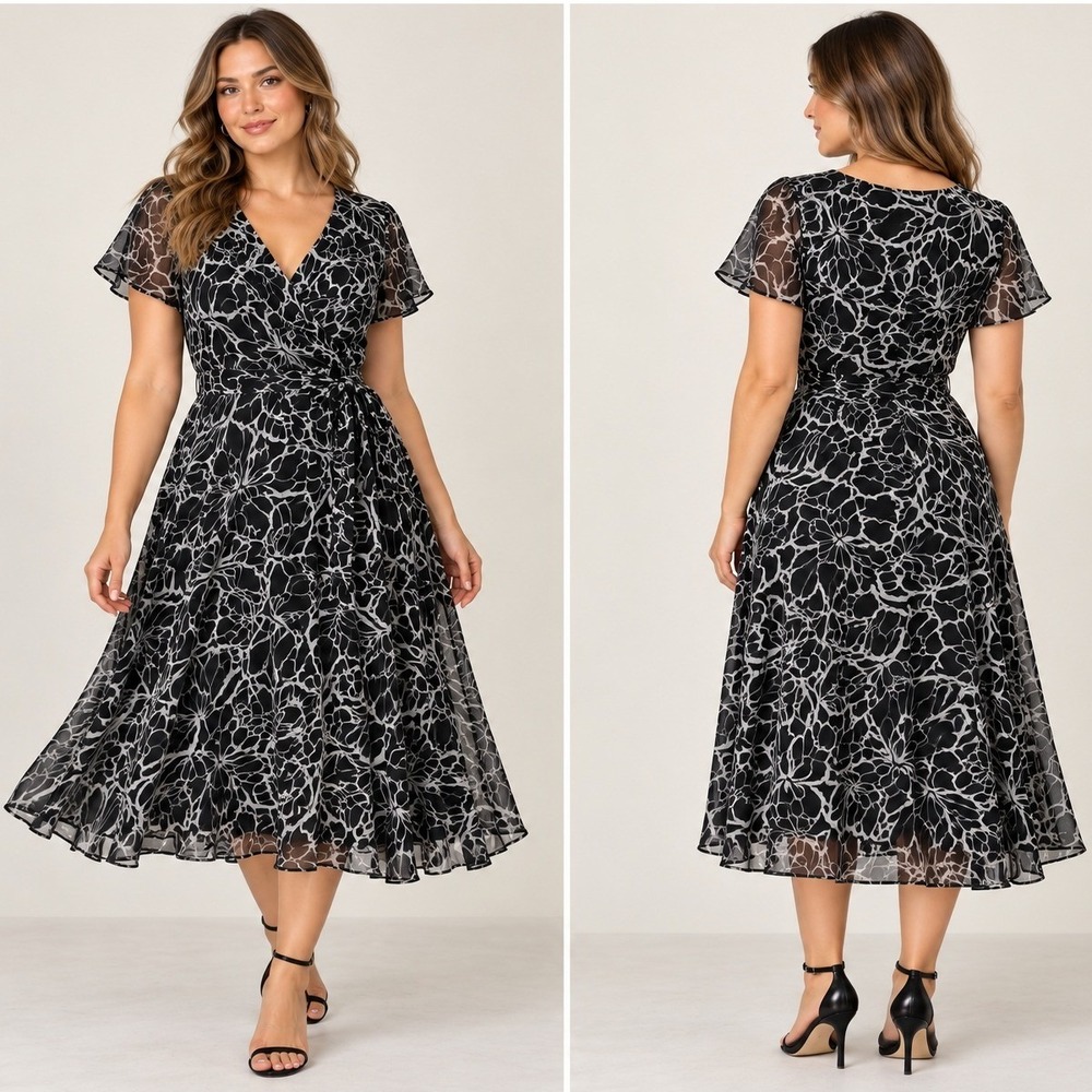 Vtg Talbots Pure Silk Dress 10 Y2K Black Monochrome Floral Midi Soft Goth HoCo